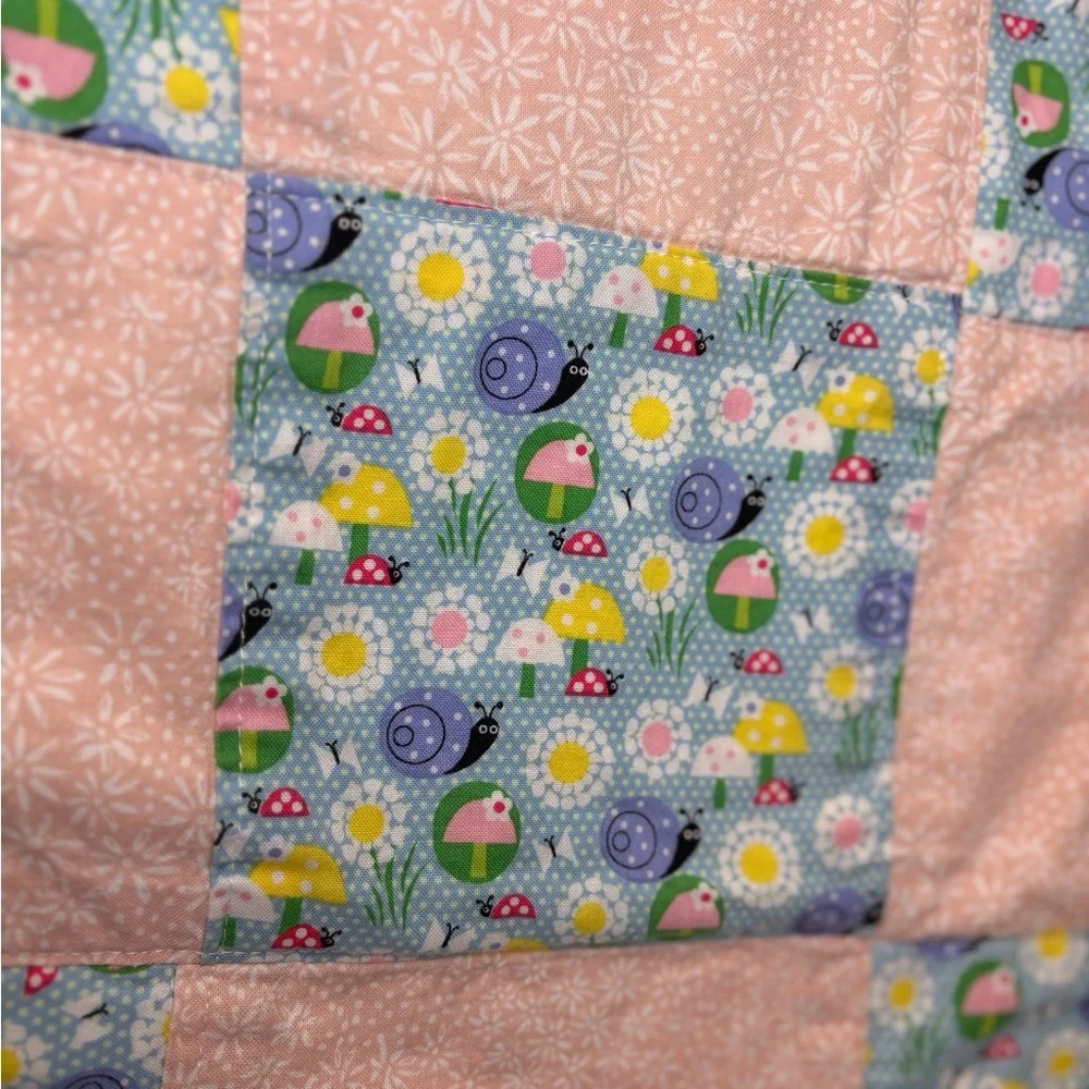 Handmade Baby Quilt - Cotton Calico Print - Peach and Blue Patchwork